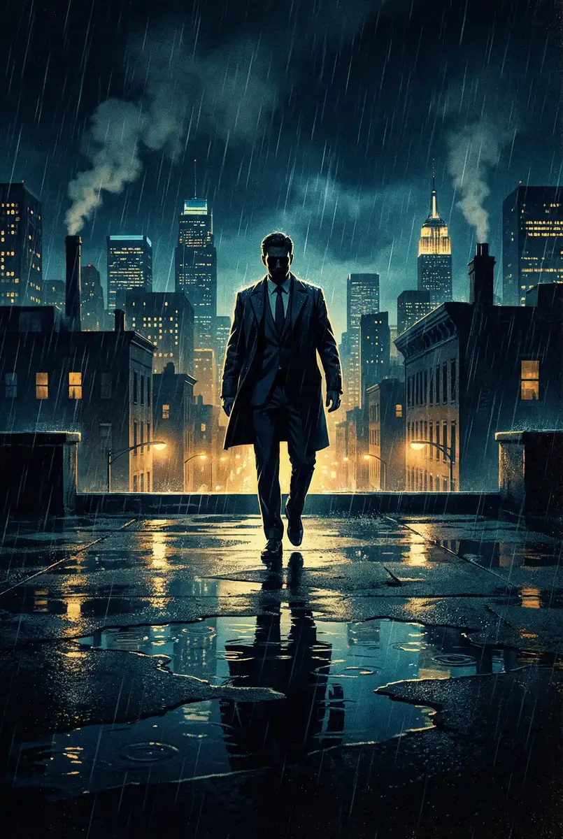 qq状态 出品影片《雨夜独行者》海报，雨中城市屋顶男性剪影